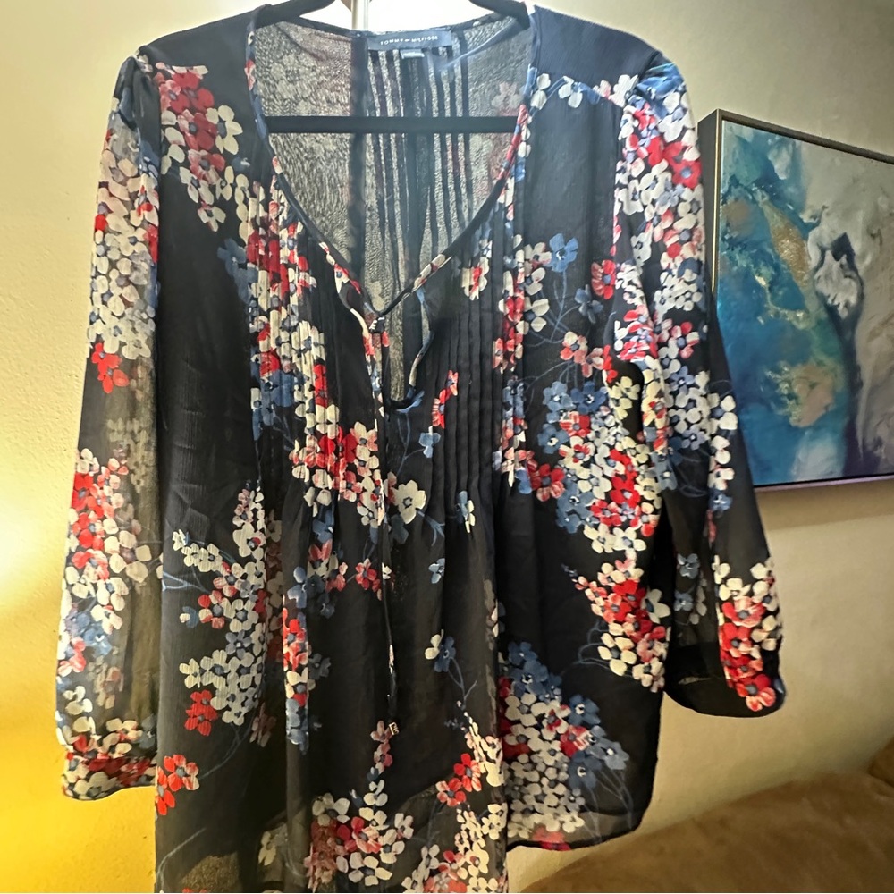Tommy Hilfiger Royal Blue Floral Blouse with Red and White Accents